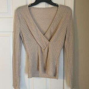 Neutral Beige Long Sleeve Cropped Minimalist Shirt Ribbed V-Neck Knit Top Medium